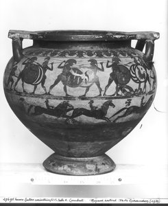 Savaşan savaşçılar, 'Eurytios Krateri'nin tersi, Korint stili, Cerveteri'den, MÖ 600 dolayları (çömlek)